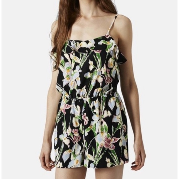 Topshop Pants - TOPSHOP Iris Print Short Romper Ruffle Floral Sleeveless Black